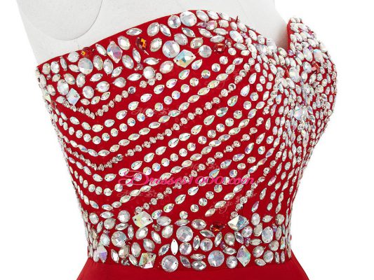 Red A-line Chiffon Sweetheart Sleeveless Beading Mini Length Lace Up Prom Dresses