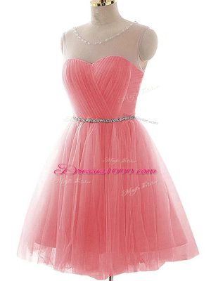 Sleeveless Tulle Mini Length Lace Up Evening Dress in Watermelon Red with Ruching