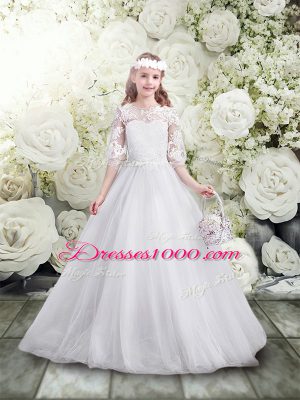 Superior White Half Sleeves Tulle Lace Up Flower Girl Dress for Wedding Party