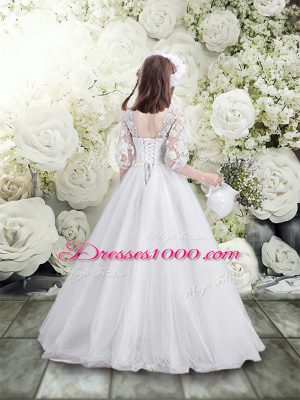 Superior White Half Sleeves Tulle Lace Up Flower Girl Dress for Wedding Party