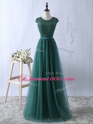 Dark Green Dress for Prom Prom and Party and Military Ball with Lace Scoop Short Sleeves Zipper