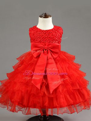 Custom Made Scoop Sleeveless Kids Formal Wear Knee Length Ruffled Layers and Bowknot Red Organza