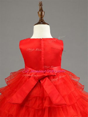 Custom Made Scoop Sleeveless Kids Formal Wear Knee Length Ruffled Layers and Bowknot Red Organza