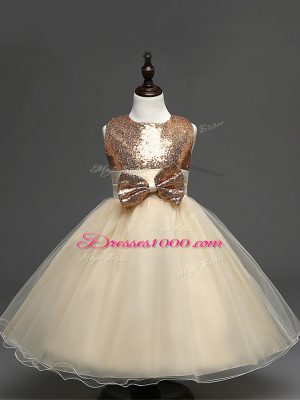 Sweet Scoop Sleeveless Party Dress Wholesale Tea Length Sequins and Bowknot Champagne Tulle