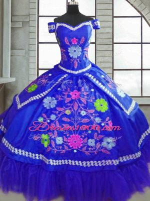 Cute Blue Ball Gowns Taffeta Off The Shoulder Short Sleeves Beading and Embroidery Floor Length Lace Up 15 Quinceanera Dress