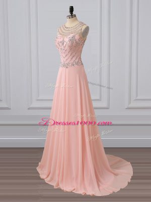 Peach Dress for Prom Prom and Military Ball and Sweet 16 with Beading Scoop Sleeveless Brush Train Side Zipper