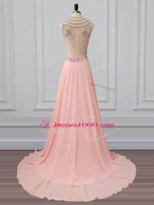 Peach Dress for Prom Prom and Military Ball and Sweet 16 with Beading Scoop Sleeveless Brush Train Side Zipper