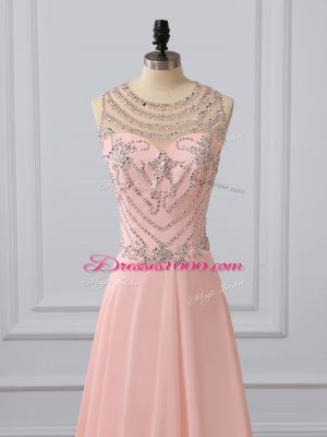 Peach Dress for Prom Prom and Military Ball and Sweet 16 with Beading Scoop Sleeveless Brush Train Side Zipper