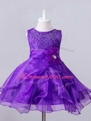 Purple Sleeveless Knee Length Beading and Hand Made Flower Zipper Little Girl Pageant Gowns