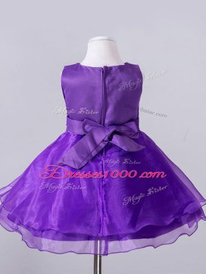 Purple Sleeveless Knee Length Beading and Hand Made Flower Zipper Little Girl Pageant Gowns