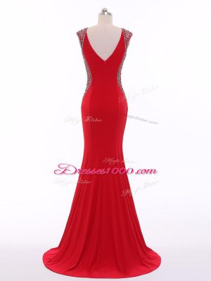 Traditional Red Zipper Evening Party Dresses Beading Sleeveless Brush Train