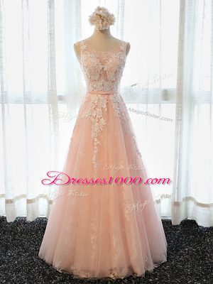Peach Scoop Neckline Appliques Homecoming Dress Sleeveless Lace Up