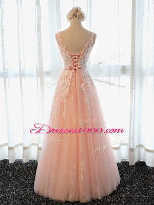 Peach Scoop Neckline Appliques Homecoming Dress Sleeveless Lace Up
