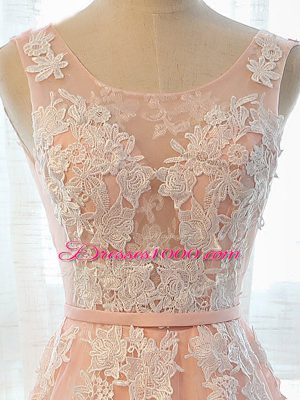 Peach Scoop Neckline Appliques Homecoming Dress Sleeveless Lace Up