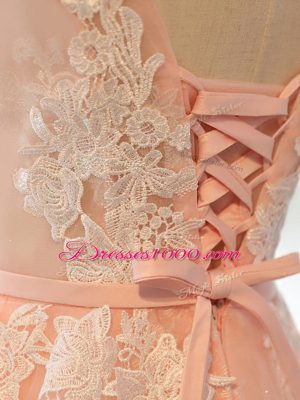 Peach Scoop Neckline Appliques Homecoming Dress Sleeveless Lace Up