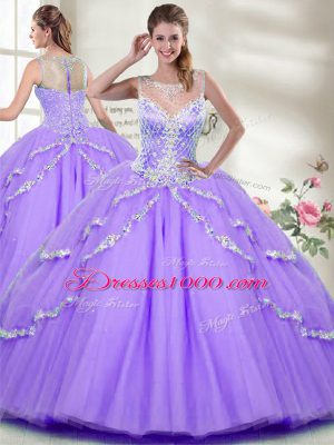 Lavender Zipper Vestidos de Quinceanera Beading Sleeveless Floor Length