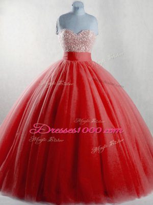 Beauteous Red Tulle Lace Up Vestidos de Quinceanera Sleeveless Floor Length Beading