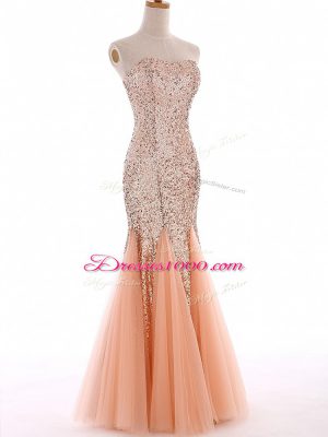 Sweetheart Sleeveless Evening Dress Floor Length Sequins Peach Tulle