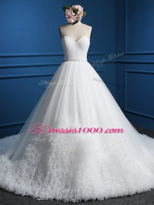 Cute White A-line Sweetheart Sleeveless Tulle Court Train Zipper Beading Wedding Dress