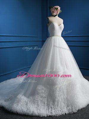 Cute White A-line Sweetheart Sleeveless Tulle Court Train Zipper Beading Wedding Dress