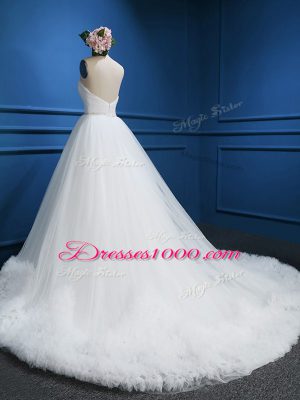 Cute White A-line Sweetheart Sleeveless Tulle Court Train Zipper Beading Wedding Dress