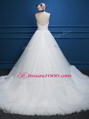 Cute White A-line Sweetheart Sleeveless Tulle Court Train Zipper Beading Wedding Dress