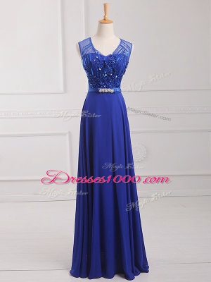 Fancy Floor Length Royal Blue Prom Evening Gown Chiffon Sleeveless Beading and Belt