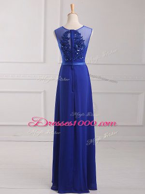 Fancy Floor Length Royal Blue Prom Evening Gown Chiffon Sleeveless Beading and Belt