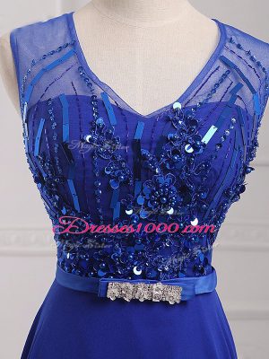 Fancy Floor Length Royal Blue Prom Evening Gown Chiffon Sleeveless Beading and Belt