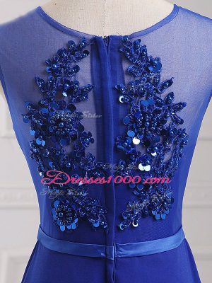 Fancy Floor Length Royal Blue Prom Evening Gown Chiffon Sleeveless Beading and Belt