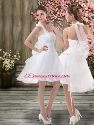 Simple White Backless Halter Top Ruching Wedding Dress Chiffon Sleeveless