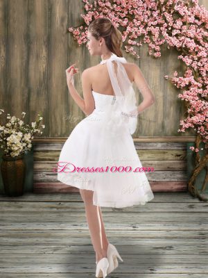 Simple White Backless Halter Top Ruching Wedding Dress Chiffon Sleeveless