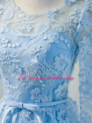 Flare Knee Length A-line Long Sleeves Baby Blue Prom Evening Gown Lace Up