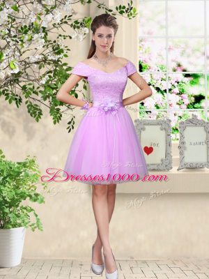 Cap Sleeves Knee Length Lace and Belt Lace Up Damas Dress with Lilac