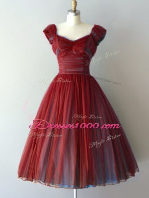 Suitable Chiffon V-neck Cap Sleeves Lace Up Ruching Wedding Guest Dresses in Rust Red