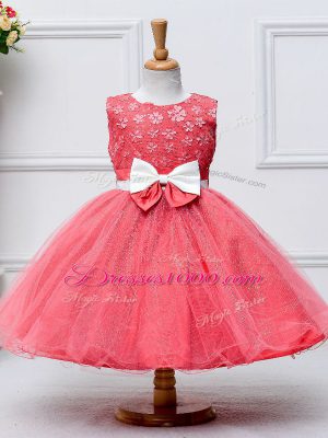 Lace and Bowknot Flower Girl Dress Coral Red Zipper Sleeveless Knee Length