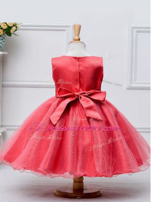 Lace and Bowknot Flower Girl Dress Coral Red Zipper Sleeveless Knee Length