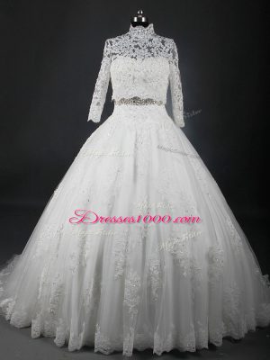 Excellent Tulle Strapless Sleeveless Brush Train Lace Up Beading and Lace Wedding Gown in White