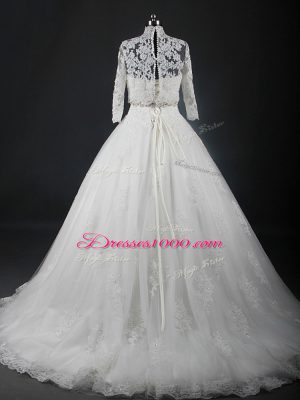 Excellent Tulle Strapless Sleeveless Brush Train Lace Up Beading and Lace Wedding Gown in White