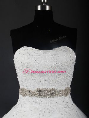 Excellent Tulle Strapless Sleeveless Brush Train Lace Up Beading and Lace Wedding Gown in White