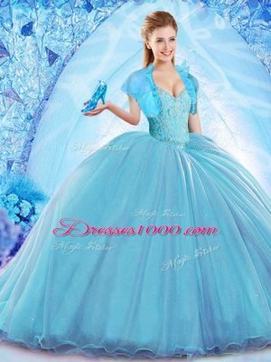 Spectacular Sweep Train Ball Gowns Vestidos de Quinceanera Baby Blue Off The Shoulder Organza Sleeveless Lace Up