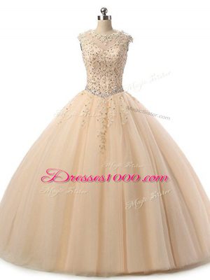 Elegant Champagne Scoop Neckline Beading and Lace Quince Ball Gowns Sleeveless Lace Up