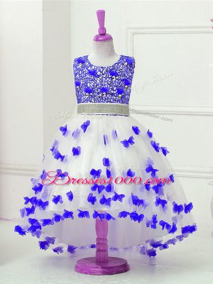 On Sale Blue And White Zipper Scoop Appliques and Sequins Child Pageant Dress Tulle Sleeveless