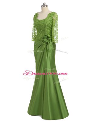 Column/Sheath Mother of the Bride Dress Olive Green Scoop Elastic Woven Satin Long Sleeves Floor Length Zipper