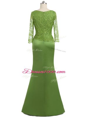 Column/Sheath Mother of the Bride Dress Olive Green Scoop Elastic Woven Satin Long Sleeves Floor Length Zipper