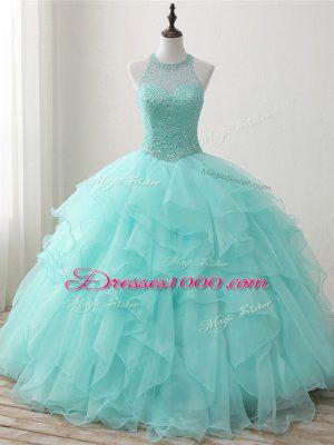 Apple Green Lace Up Quinceanera Dresses Beading and Ruffles Sleeveless Floor Length