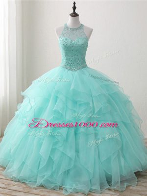 Apple Green Lace Up Quinceanera Dresses Beading and Ruffles Sleeveless Floor Length