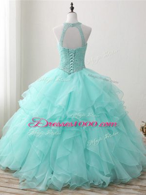 Apple Green Lace Up Quinceanera Dresses Beading and Ruffles Sleeveless Floor Length