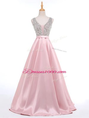 Sweet Sleeveless Elastic Woven Satin Brush Train Backless Prom Gown in Baby Pink with Beading