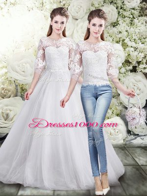 Designer Half Sleeves Lace Up Floor Length Lace Wedding Dress